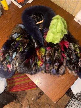 Multi-Color Fox Fur Coat with Lime Green Fox Hat